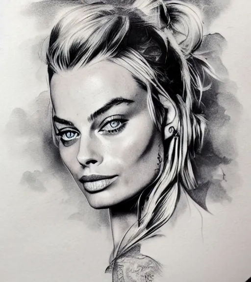 Image similar to tattoo design sketch mash up of margot robbie with beautiful mountain scenery, double eposure effect, in the style of arlo dicristina, surrealist, amazing detail, sharp