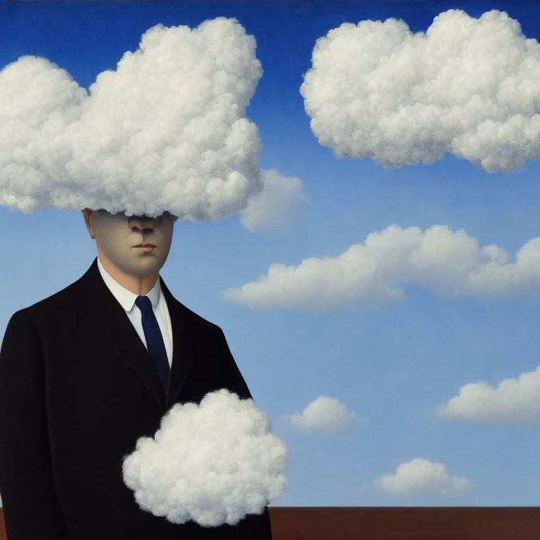 Image similar to portrait of a cloud faced man, by rene magritte, centered, detailed painting, hd, hq, high resolution, high detail, 4 k, 8 k