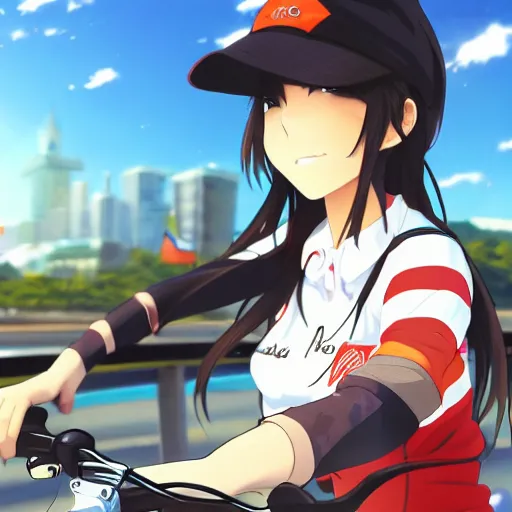 Image similar to close up of a high definition anime girl with streetwear clothing in a bike with armenia quindio in the background , Artwork by Makoto Shinkai, pixiv, 8k, official media, wallpaper, hd