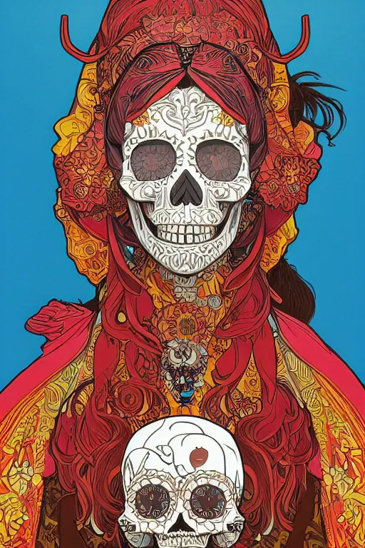 Image similar to beautiful skull portrait girl female illustration detailed patterns art of jawa traditional dress, pop art, splash painting, art by geof darrow, ashley wood, alphonse mucha, makoto shinkai