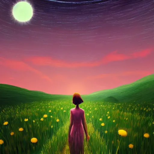 Image similar to giant daisy flower as a head, girl walking in wheat field, hills, surreal photography, moon light, dark night, star trails, dramatic light, impressionist painting, clouds, digital painting, artstation, simon stalenhag