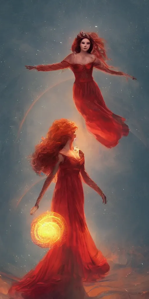 Image similar to A woman floats in midair, encircled by a ring of fire. She wears a crimson gown and her hair is wild and flowing. In her hands she holds a staff adorned with a large crystal ball, super coherent, trending on artstation, female, magic, by Lulu Chen and Mandy Jurgens