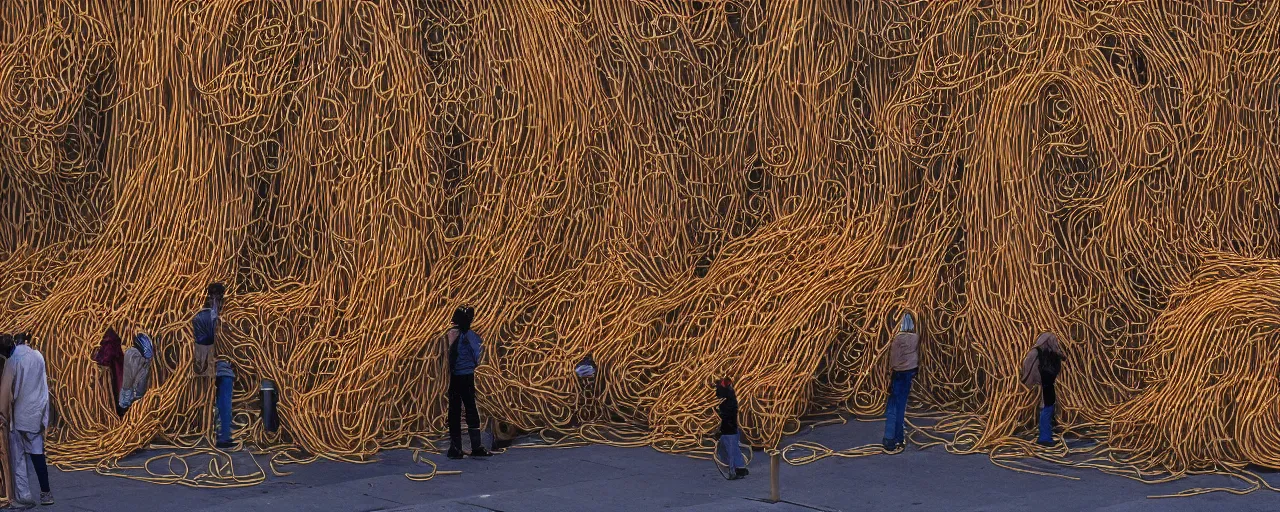 Image similar to wide angle of collection of human - like statues of made of spaghetti in an empty european plaza, canon 5 0 mm, cinematic lighting, photography, retro, film, kodachrome, closeup