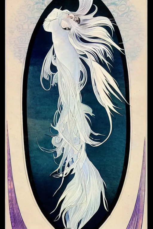 Image similar to a graceful iridescent white betta fish with long swirling fins, black-water-background, traditional Chinese painting, artstation, alphonse-mucha