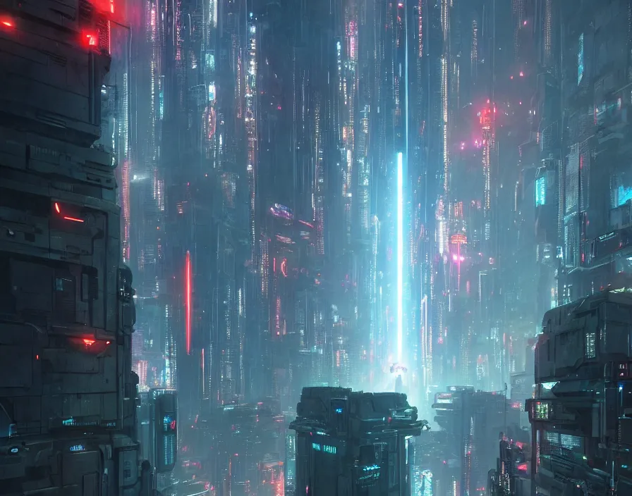 Prompt: a gigantic robot with red eyes shooting neon blue lasers at skyscrapers as it marches across a metropolis, by greg rutkowski, epic, cyberpunk, hyper detailed, horror