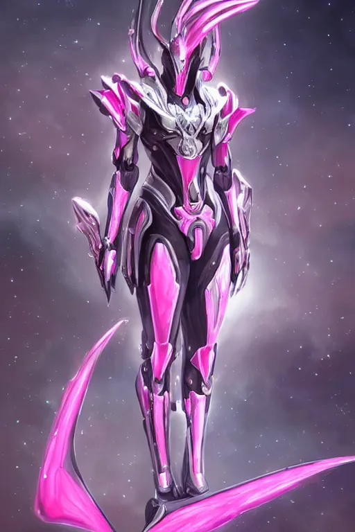 Image similar to galactic sized detailed elegant beautiful stunning quality giantess saryn prime warframe anthro mecha female dragon goddess, pink body, sleek metal head, sleek visor, smooth pink skin, sleek silver armor, bigger than galaxy, sharp paws, epic proportions, epic scale, epic size, warframe fanart, furry, dragon art, goddess, giantess, furaffinity, octane