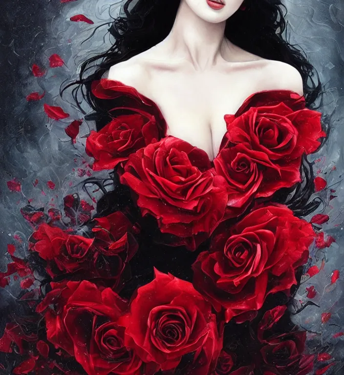 Image similar to portrait of kate bush, lush black hair, pale skin, red rose petals, flowing material, ruffled velvet background, intricate, beautiful cinematic lighting, stuning painting by artgerm and ruan jia and android jones