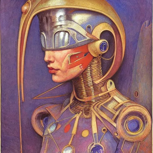 Prompt: the masked robot queen wearing the plasma crown, by Annie Swynnerton and Diego Rivera and Elihu Vedder, symbolist, dramatic lighting, elaborate geometric ornament, Art Brut, soft cool colors,smooth, sharp focus, extremely detailed, Adolf Wölfli and Donato Giancola