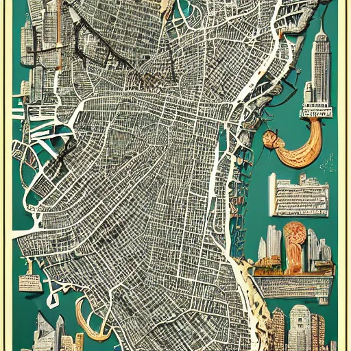 Image similar to very detailed, intricate, artsy, grotosque, new york map, artstation, by gareth fuller and claire brewster