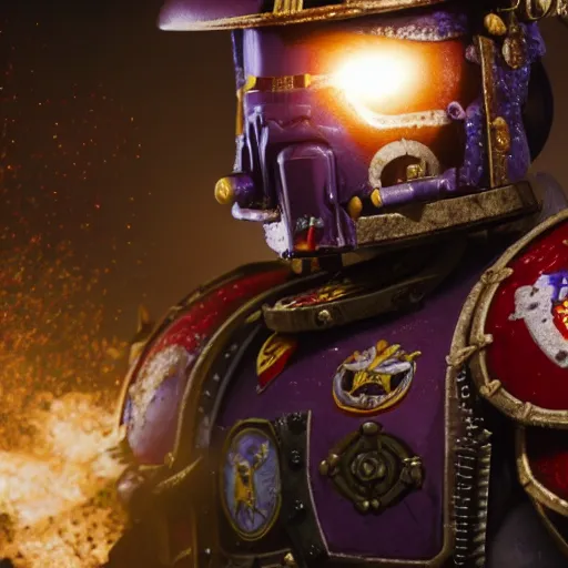 Image similar to nigel farage as a space marine in warhammer space marine splash art, movie still, cinematic lighting, dramatic, octane render, long lens, shallow depth of field, bokeh, anamorphic lens flare, 8 k, hyper detailed, 3 5 mm film grain