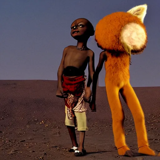 Image similar to a small african boy and a girl in a fox costume, movie still from'tank girl ', afrofuturism, by jamie hewlett and sawoozer and roger ballen,