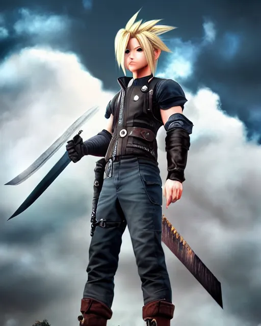 Prompt: an epic comic book style full body portrait painting of cloud strife , elegant, character design by Mark Ryden and Pixar and Hayao Miyazaki, unreal 5, DAZ, hyperrealistic, octane render, cosplay, RPG portrait, dynamic lighting, intricate detail, summer vibrancy, cinematic