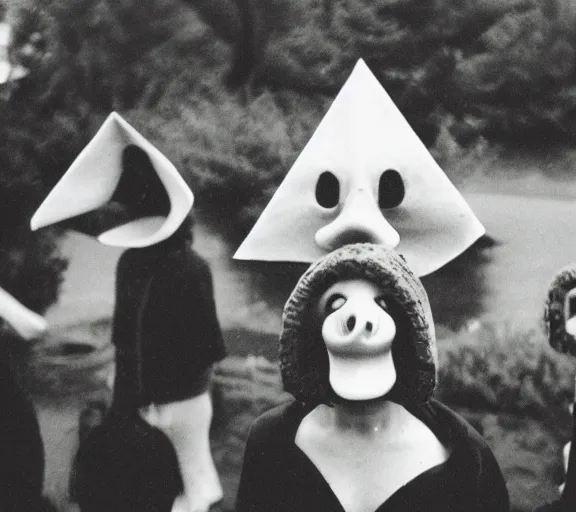 Image similar to creepy duck mask cultists performing a ritual to levitate triangles, old grainy damaged photo 3 5 mm