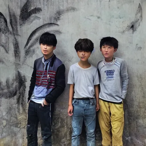 Image similar to on the right side, a korean boy stand and look left. the boy have towned clothes and he look dirty and poor. on the left side a korean boy stand and look right, this boy rich and have good clothes. in the middle of the picture there's an wall that seperate the two boys. painting.