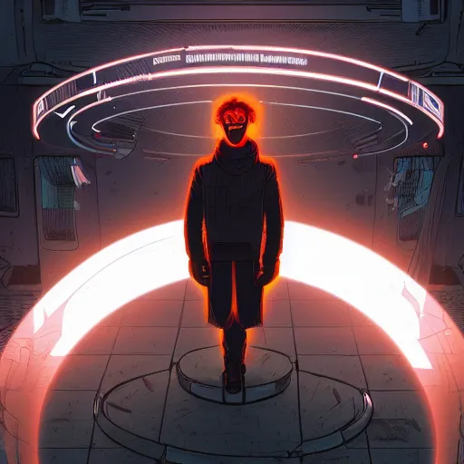 Image similar to in the style of max prentis and deathburger and laurie greasley a young man wearing a cyberpunk headpiece who is standing in front of a large circular ancient glowing portal, highly detailed, 8 k wallpaper