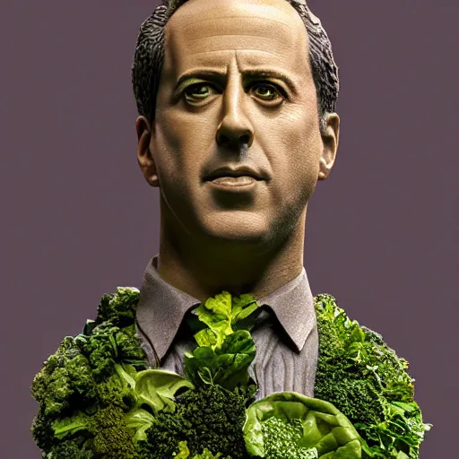 Image similar to hyperrealistic mixed media image of a statue of jerry seinfeld made entirely of salad and leafy green vegetables, stunning 3 d render inspired art by istvan sandorfi and greg rutkowski, perfect facial symmetry, realistic, highly detailed attributes and atmosphere, dim volumetric cinematic lighting, 8 k octane extremely hyper - detailed render, post - processing, masterpiece,