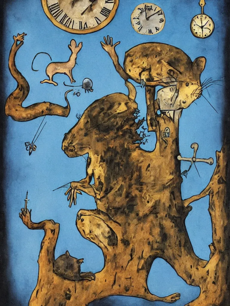 Prompt: juxtaposition art with a clock, a tree, a rat, a cat, abstraction, surrealism, dystopian, blue
