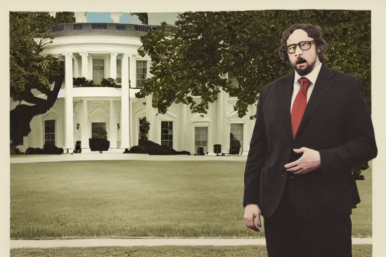 Prompt: Sam Hyde as the president of USA, rule of thirds, sigma male, standing at the White House, proud, tall, macho, jets flying across