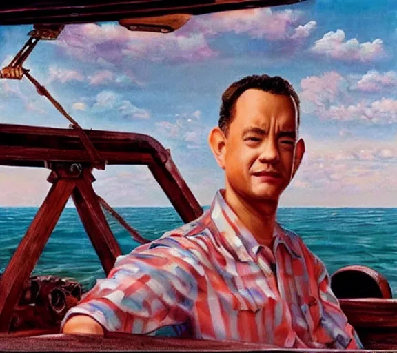 Image similar to Tom hanks as forrest gump sitting in a giant shrimp boat, majestic beautiful world, realism painting, amazing detail