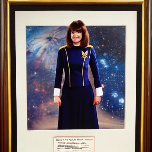 Image similar to a full body photograph of 1 9 7 0 s sarah jane smith from doctor who as a star fleet science officer from star trek next generation, full dress uniform, symmetrical face, extreme realism and detail, 8 k, completely framed, direct lighting, 3 5 mm photo, photorealistic, sharp focus