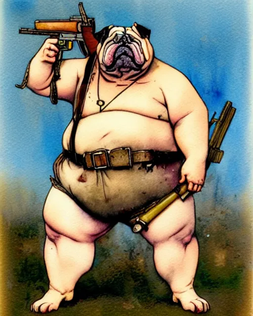 Image similar to a realistic and atmospheric watercolour fantasy character concept art portrait of a fat adorable dirty chibi bulldog wearing a wife beater and holding a rifle, by rebecca guay, michael kaluta, charles vess and jean moebius giraud