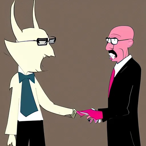 Prompt: a screenshot of Barack Obama meeting Walter White in Hazbin Hotel (2019)