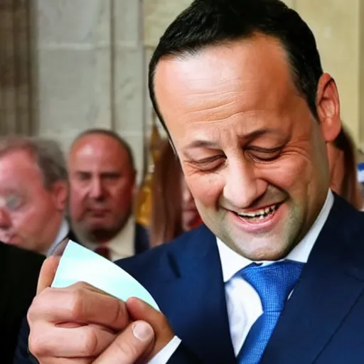 Prompt: Leo Varadkar wiping his tears away with euro notes