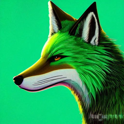 Prompt: digital green fox, green retrowave palette, green digital world, highly detailed, electric breeze, anatomically correct green vulpine, synth feel, fluffy face, ear floof, flowing fur, super realism, accurate animal imagery, 4 k digital art