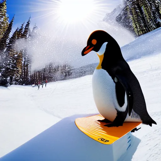 Prompt: ultrawide angle photograph of a snowboarding penguin, extremely detailed. the very detailed penguin is wearing a helmet and snowgoggles. the snowboard he is riding is red and made by burton, 8 k