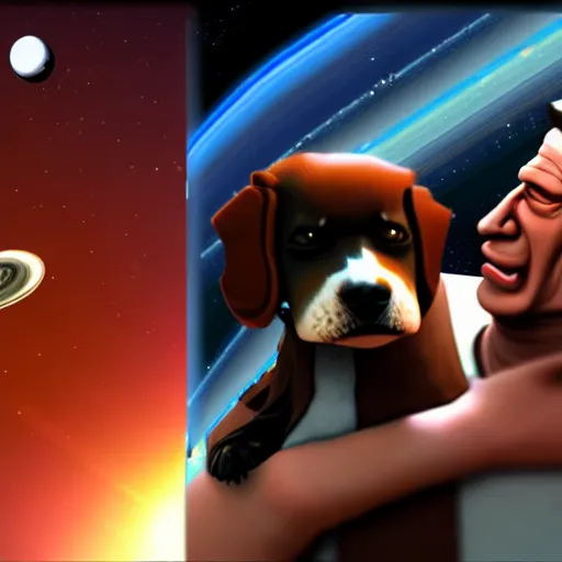 Image similar to t 8 0 0 terminator eating sandwich, hugging a cute puppy while surfing on a saxophone over rings of saturn in space, team fortress 2 sцcreenshot