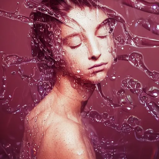 Prompt: flume and former cover art future bassgirl unwrapped statue bust curls of hair petite lush body photography model water droplets futuristic transparent glass material style of Jonathan Zawada and Thisset colours