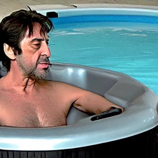 Prompt: al pacino scarface hot tub scene, except he wears cat ears and plays valorant on a laptop