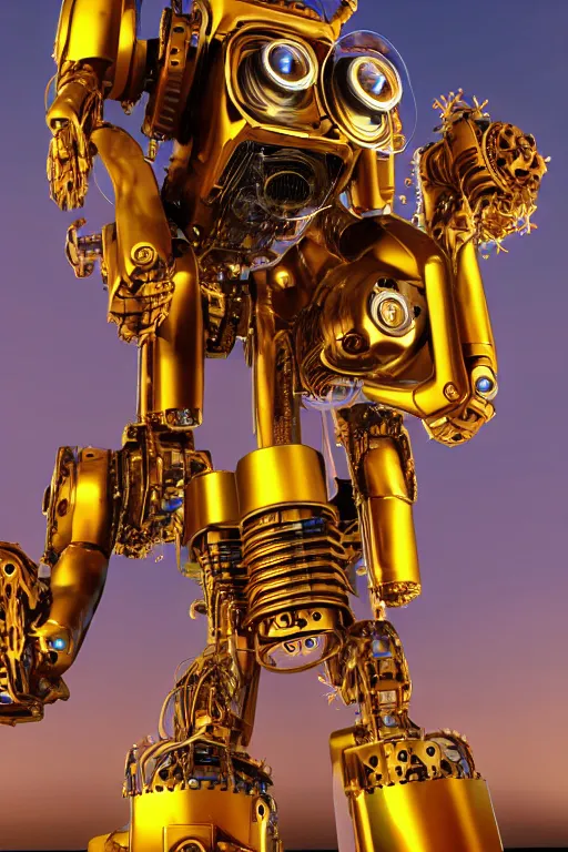 Prompt: portrait photo of a giant huge golden and blue metal humanoid steampunk robot, the head is a huge camera, with gears and tubes, eyes are glowing red lightbulbs, shiny crisp finish, 3 d render, 8 k, insaneley detailed, fluorescent colors, background is multicolored lasershow