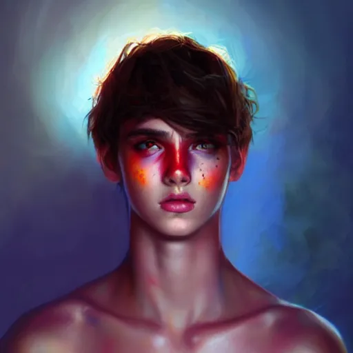 Prompt: colorful and festive captivating teenager with straight brown hair covering his eye, dark skin, big lips, big eyes, shirtless. rich vivid colors, ambient lighting, dynamic lighting, 4 k, atmospheric lighting, painted, intricate, highly detailed by charlie bowater