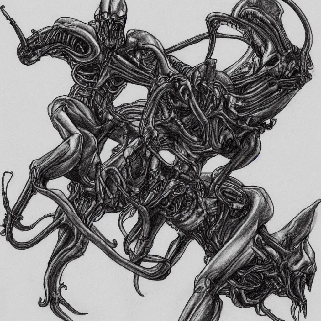 Image similar to a pencil sketch of a cowboy riding xenomorph, white background