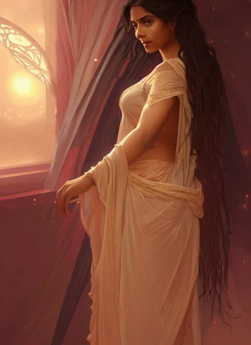 Image similar to cute brown woman wearing a transparent night gown, fantasy, intricate, highly detailed, digital painting, artstation, concept art, wallpaper, smooth, sharp focus, illustration, art by artgerm and greg rutkowski and alphonse mucha