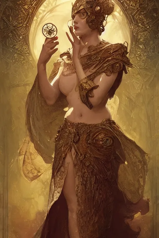 Prompt: tarot card, high priestess, intricate, elegant, highly detailed, concept art, sharp focus, beautiful face!!, digital art, smooth defined outlines!!, by Bastien Deharme, Brom, trending on Artstation, Alphonse Mucha