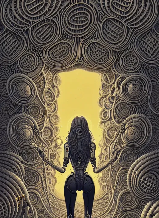 Image similar to highly detailed portrait of a biomechanical long curly white hair tribal lady, stray wiring by atey ghailan, james gilleard, by joe fenton, by greg rutkowski, by greg tocchini, by kaethe butcher, 4 k resolution, gradient yellow, black and white color scheme!!! ( ( robotic honeycomb sandy desert brick pyramid background ) )