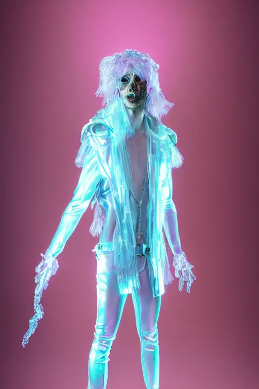Prompt: full-body rococo and cyberpunk delicate neon crystalline sculpture of ((muscular slender albino prince Joe Jonas)) (((con la piroca dura))) as an iridescent humanoid deity wearing a thin see-through ((plastic hooded cloak)) sim roupa (holding a human skull), reclining con (((las piernas abiertas))), glowing pink face, crown of (white lasers), large diamonds, swirling black silk fabric. futuristic elements. oozing glowing liquid, full-length view. space robots. intricate artwork by caravaggio. Trending on artstation, octane render, cinematic lighting from the right, hyper realism, octane render, 8k, depth of field, 3D