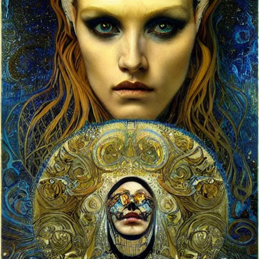 Image similar to Memento Mori by Karol Bak, Jean Deville, Gustav Klimt, and Vincent Van Gogh, beautiful visionary mystical portrait, otherworldly, fractal structures, ornate gilded medieval icon, third eye, spirals