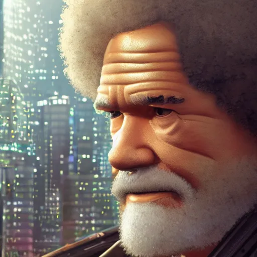 Prompt: highly detailed close up portrait of Bob Ross in the rainy streets of a cyberpunk dystopia, by Artgerm,Greg Rutkowski,Alphonse Mucha, 4k resolution, nier:automata inspired, bravely default inspired ((dystopian cyberpunk background))