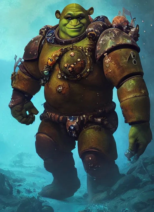 Image similar to underwater portrait of shrek as the space marine, apocalypse, naturel, hyper detailed, digital art, trending in artstation, cinematic lighting, studio quality, smooth render, unreal engine 5 rendered, octane rendered, art style by klimt and nixeu and ian sprigger and wlop and krenz cushart.