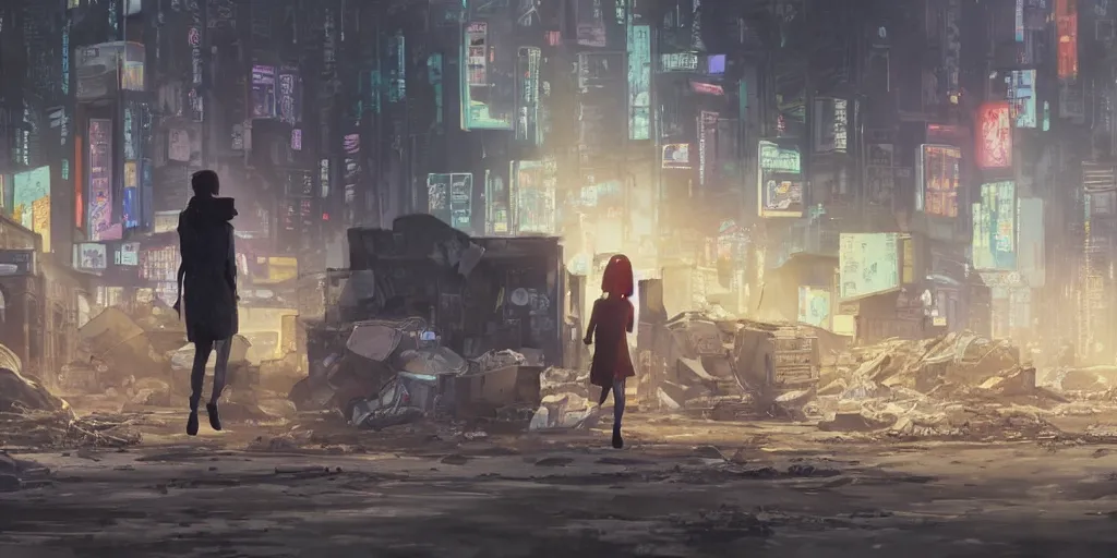 Image similar to incredible wide screenshot, ultrawide, simple watercolor, rough paper texture, ghost in the shell movie scene, backlit distant shot of girl in a parka running from a giant robot invasion side view, yellow parasol in deserted dusty junk town, broken vending machines