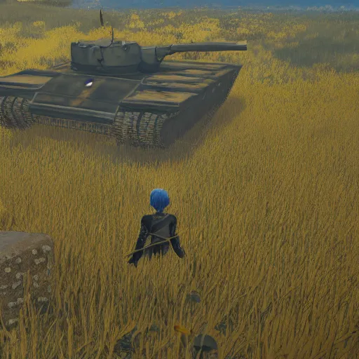 Image similar to a high resolution very detailed image from nier : automata of the russian tank final boss fight, in yellow rye field under blue sky