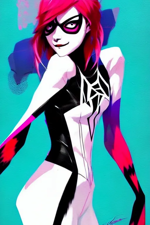 Image similar to a ultradetailed beautiful painting of a stylish spidergwen, by conrad roset, greg rutkowski and makoto shinkai trending on artstation