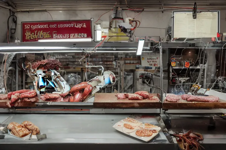 Prompt: A robotic butcher shop, where retirees come to buy fresh meat and sausages on weight. A cyborg with a lot of wires and a set of knives on the tabletop serves it. It's noticeable that several wires are sparking (it's malfunctioning). Under the counter lie the dismembered corpses of the people (shopkeepers and other customers) whose meat he is selling.