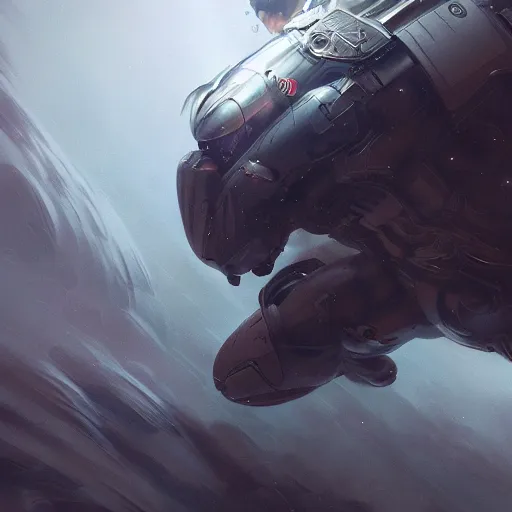 Image similar to nanosuit falling through the clouds of jupiter, by cedric peyravernay, highly detailed, excellent composition, cinematic concept art, dramatic lighting, trending on artstation