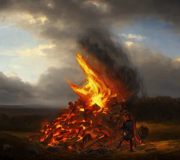 Image similar to landscape portrait of a an immense funeral pyre, with tyler childers throwing dollar bills onto it, by william sidney mount, trending on artstation