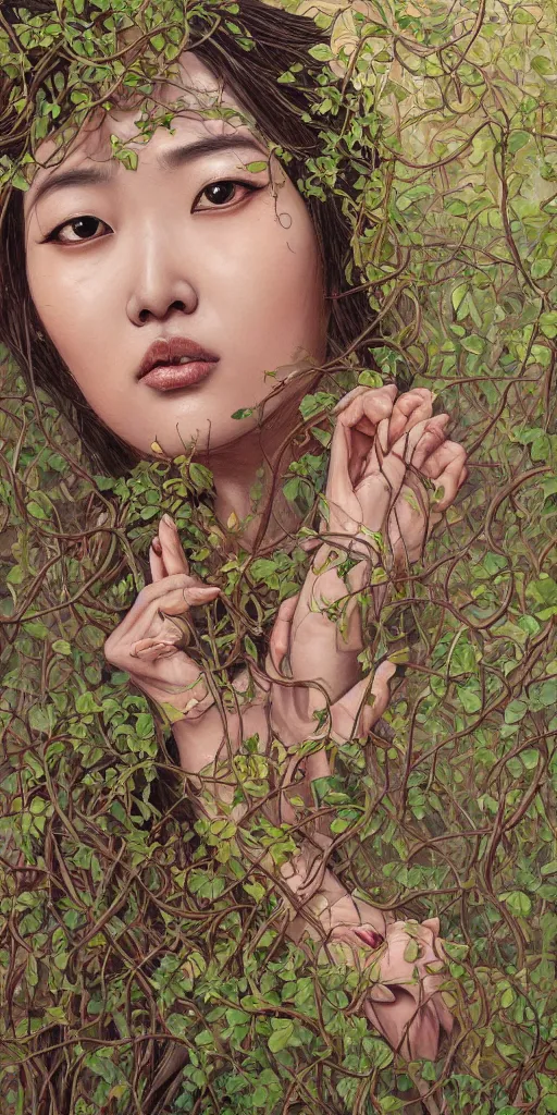 Prompt: very beautiful highly detailed and expressive oil painting of an asian woman's face dissolving into vines and plants by james jean, by kim jung gi, masterpiece, dynamic lighting, intricate linework, 8 k, flowers