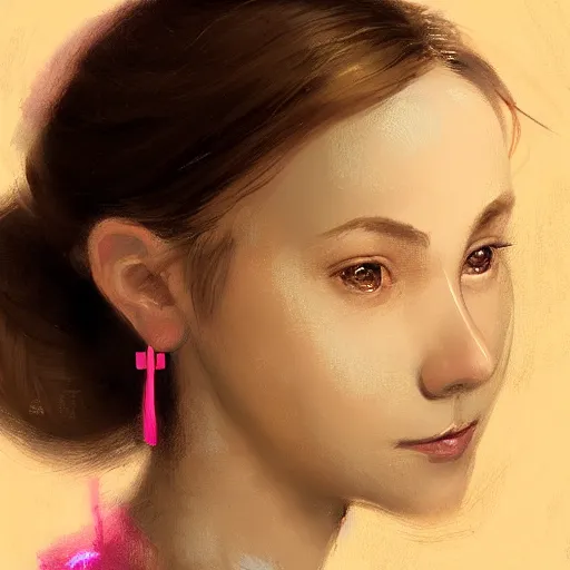 Prompt: portrait of girl, round face, brown hair, ponytails, half updo hairstyle, skinny, smile, attractive, small chin, wearing pink hair bow, earrings, intricate, elegant, glowing lights, highly detailed, digital painting, artstation, sharp focus, illustration, art by wlop, mars ravelo and greg rutkowski